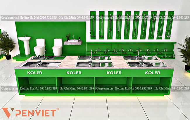 Thiết kế hệ tủ trưng bày bồn rửa bát giúp khách hàng dễ quan sát sản phẩm