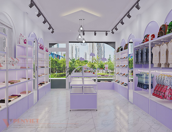 Hệ thống ánh sáng trong thiết kế shop thời trang trẻ em Mellia Store