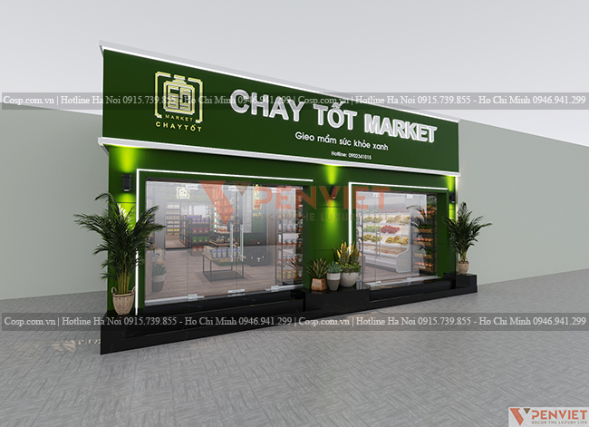Thiết kế mặt tiền dự án siêu thị Chay Tốt Market nổi bật với gam màu xanh lá
