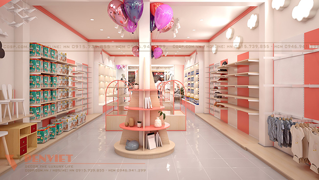 Không gian cửa hàng nổi bật với gam màu hồng cam và trắng