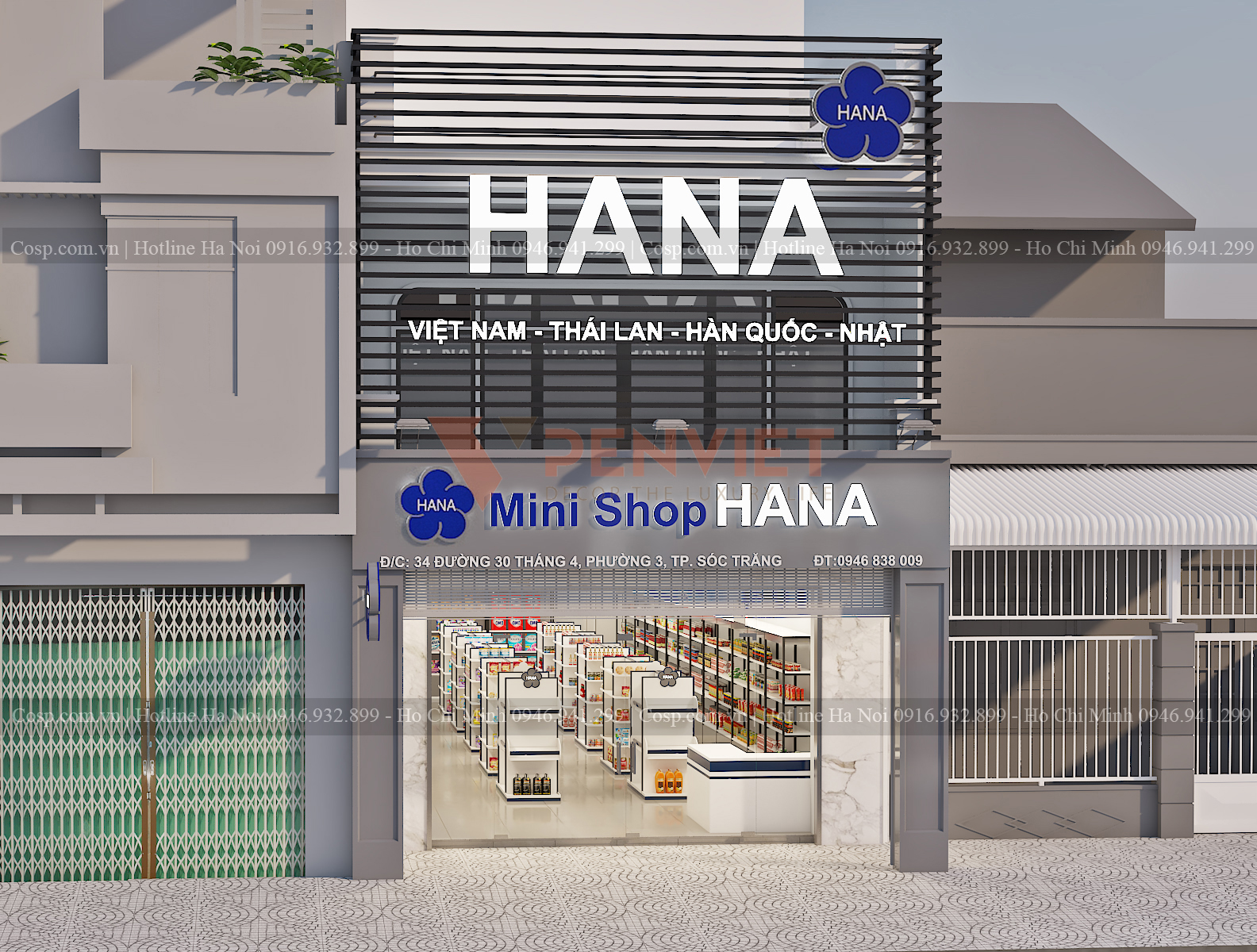 Thiết kế mặt tiền siêu thị mini shop Hana