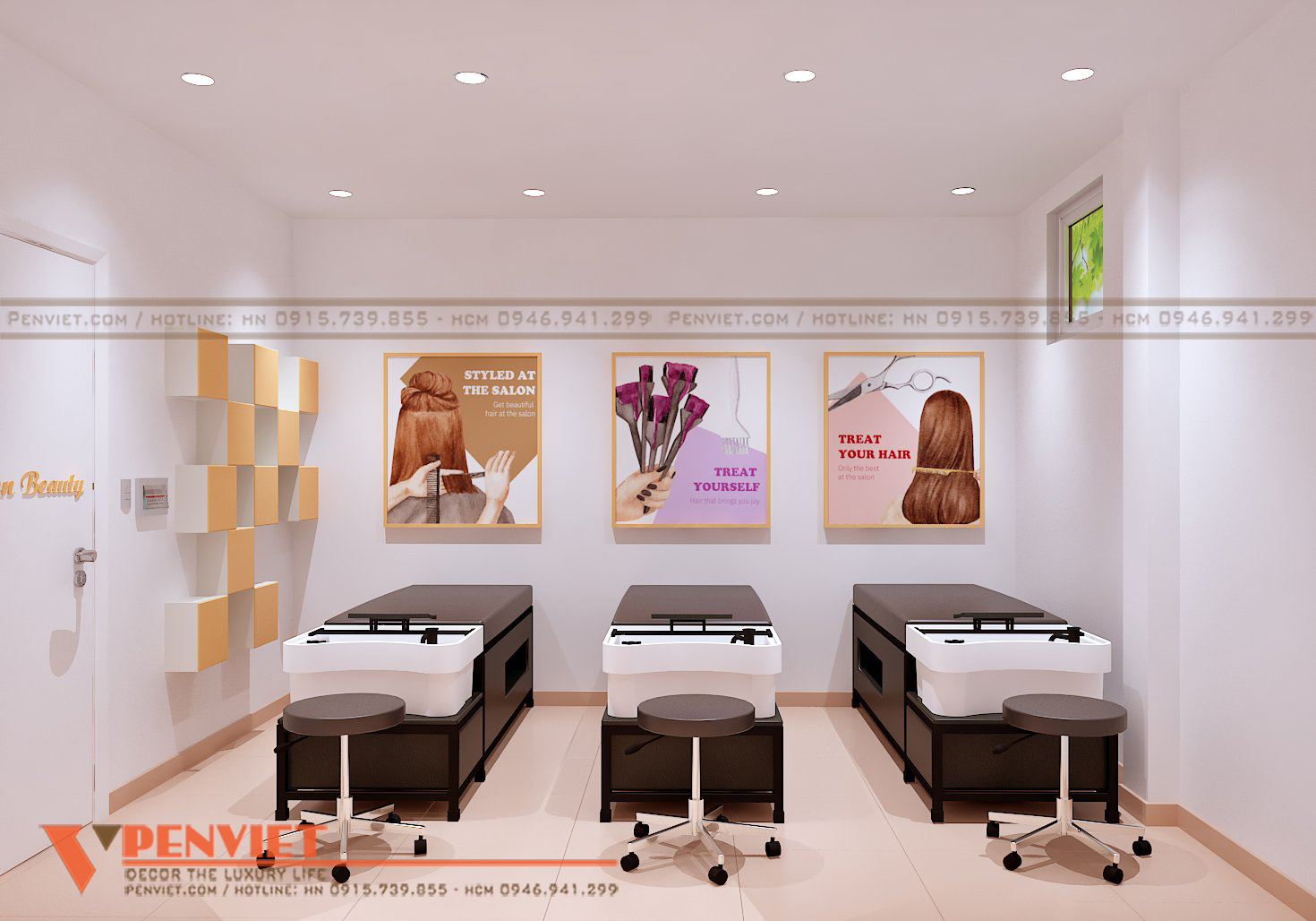 Phòng gội ấm cúng, nhỏ gọn tạo sự thoải mái cho khách hàng trong mẫu thiết kế salon tóc