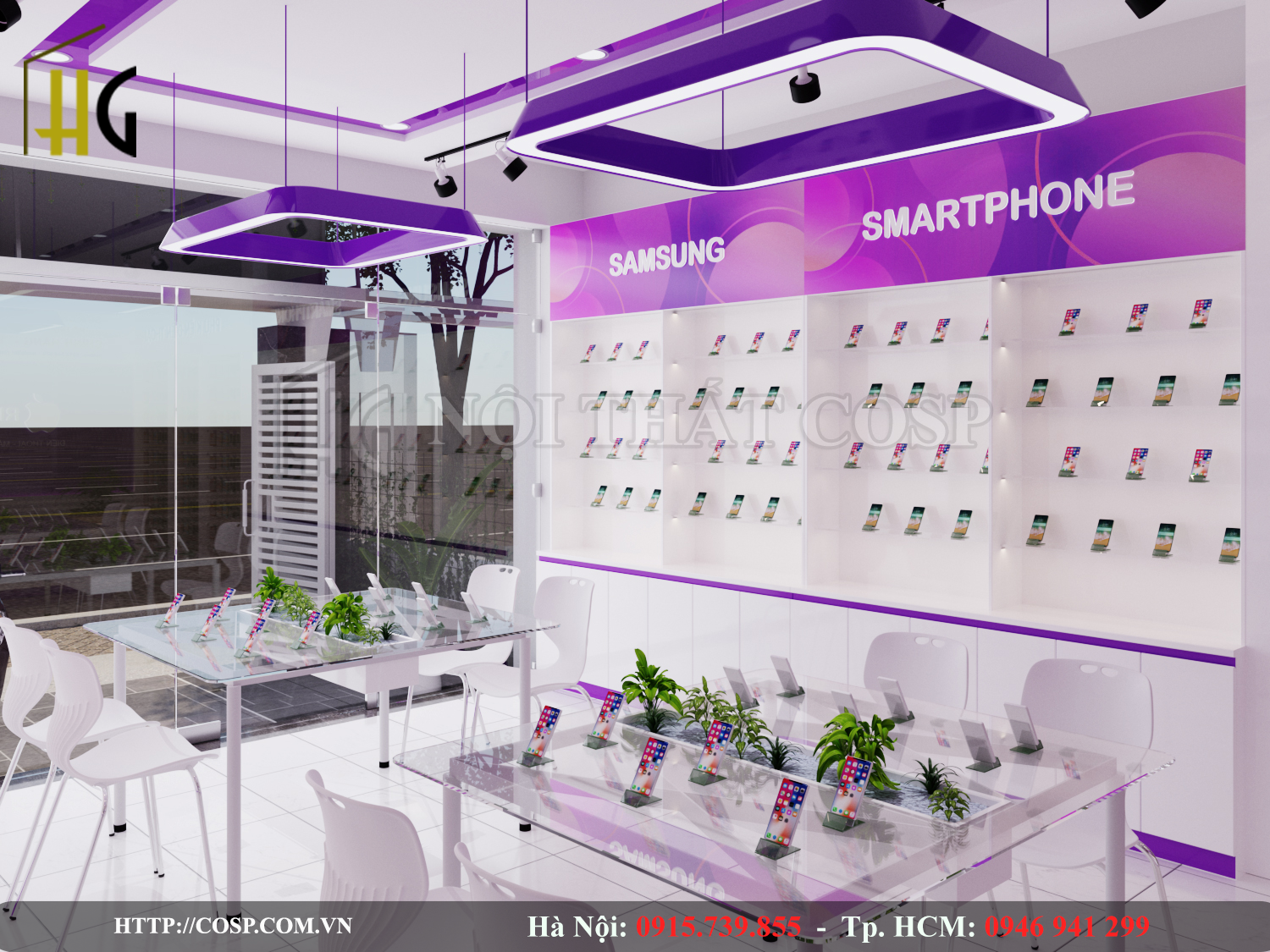 Thiết kế hệ thống bàn, tủ trưng bày điện thoại cho cửa hàng