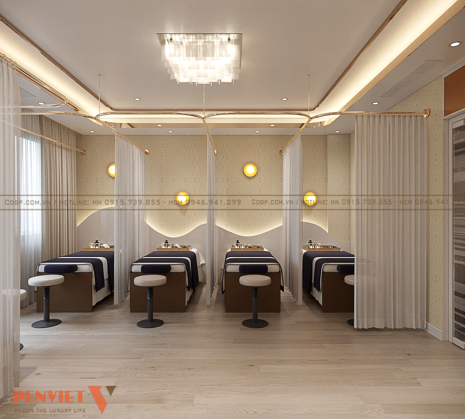 Khu vực massage body cho khách có sử dụng rèm che tạo tính riêng tư