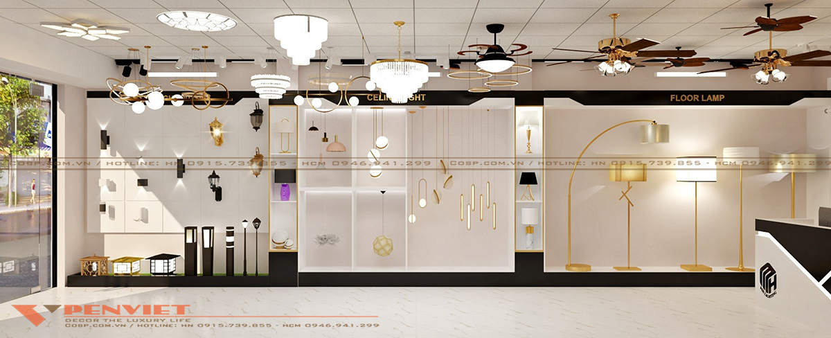 Thiết kế showroom đèn trang trí MH sang trọng và hiện đại