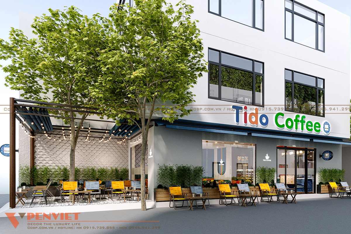 Mặt tiền của quán cafe TIDO tươi mới, hiện đại