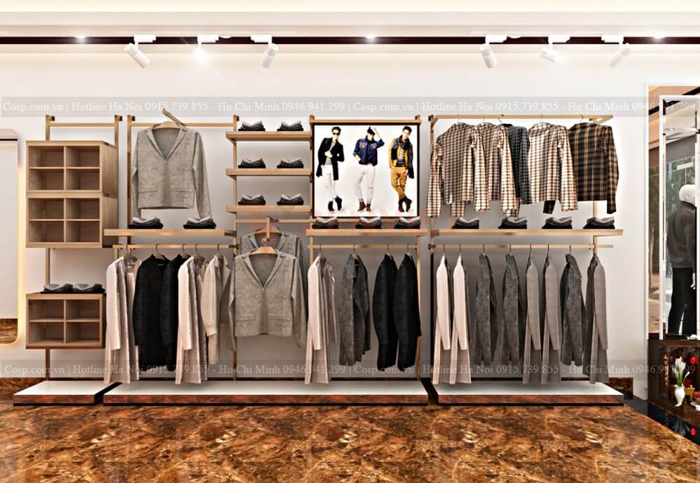 Những mẫu giá kệ tối giản được dùng trong thiết kế shop thời trang HT Store