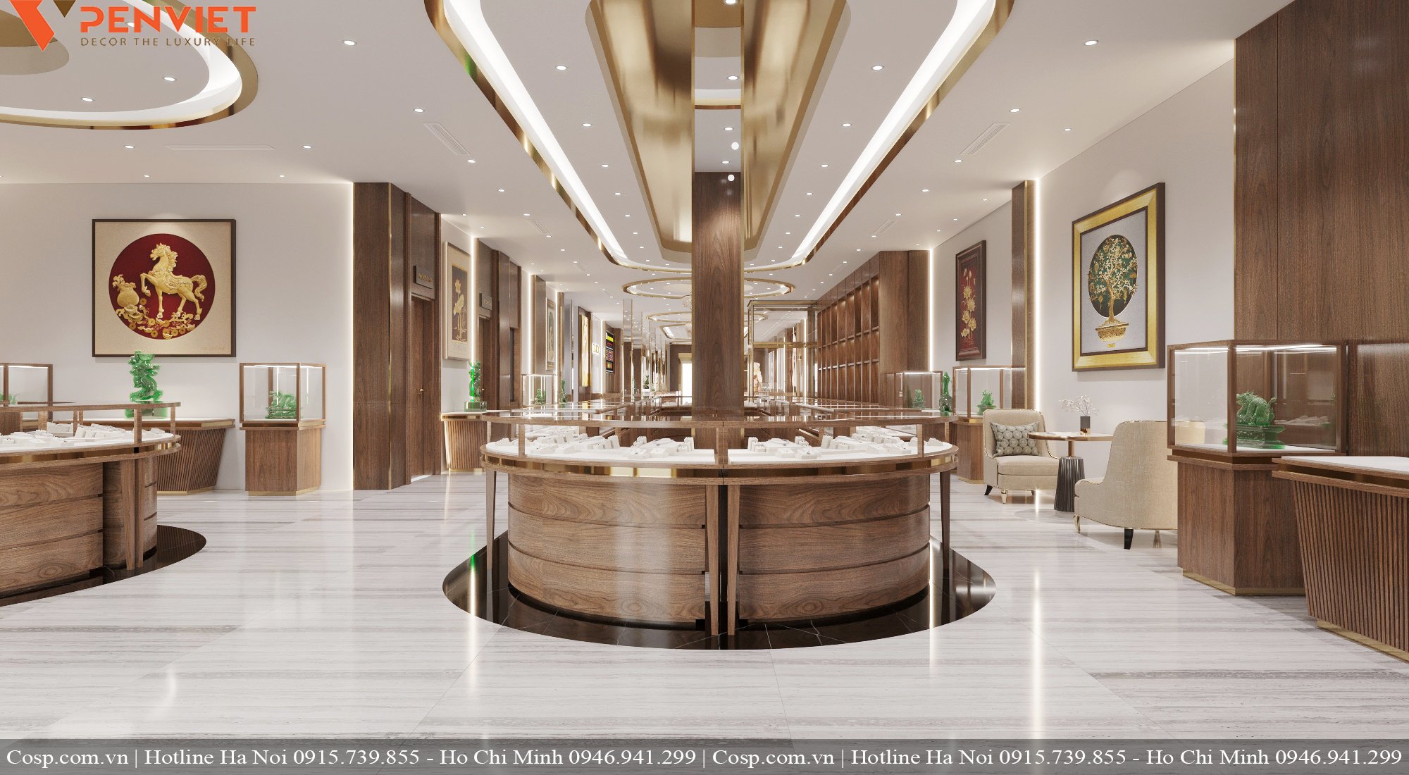 Thiết kế tiệm vàng bố trí tủ thấp ở vị trí trung tâm giúp thu hút sự chú ý của khách hàng