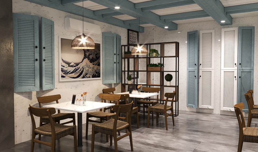 Thiết kế nội thất nhà hàng bằng những bộ bàn ghê gỗ đơn giản 