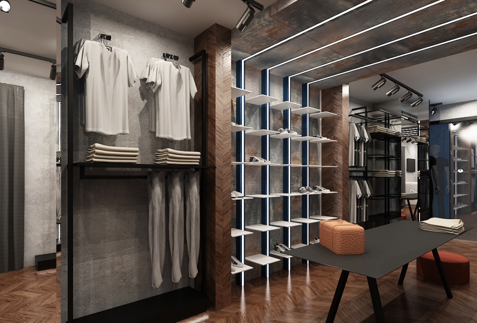 Thiết kế nội thất cửa hàng thời trang nam bằng tông màu trầm thể hiện cá tính mạnh mẽ