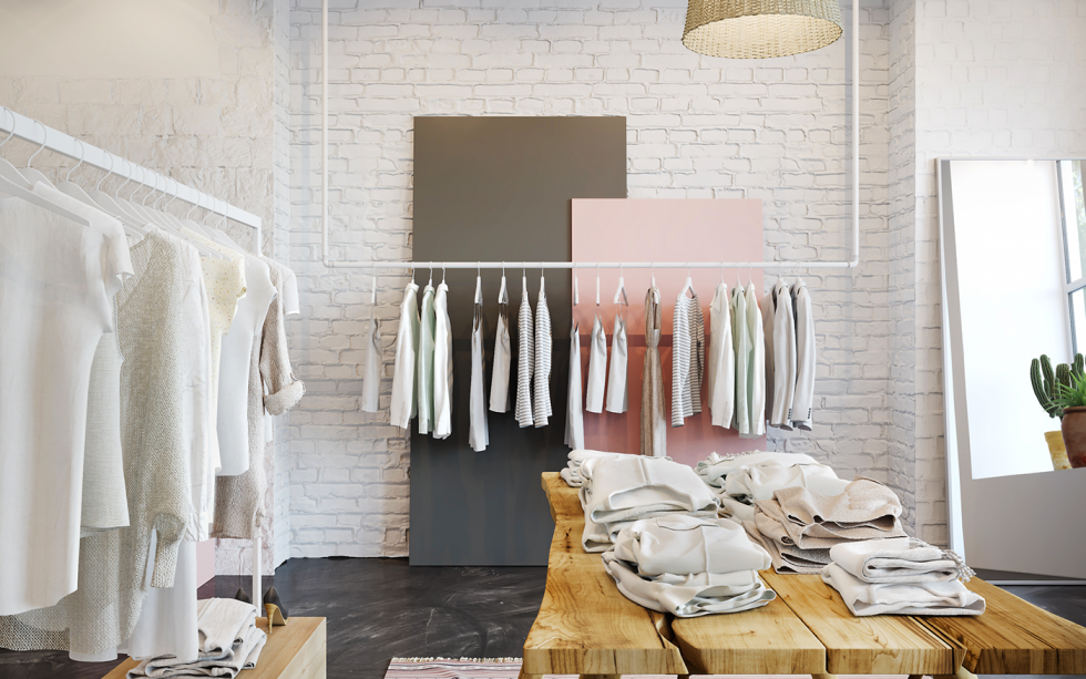 Thiết kế không gian shop thời trang bởi gam màu trắng chủ đạo