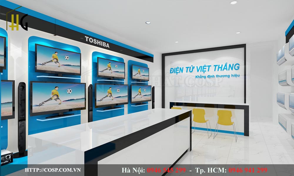 Thiết kế khu vực quầy thu ngân và vách logo cho cửa hàng Việt Thắng