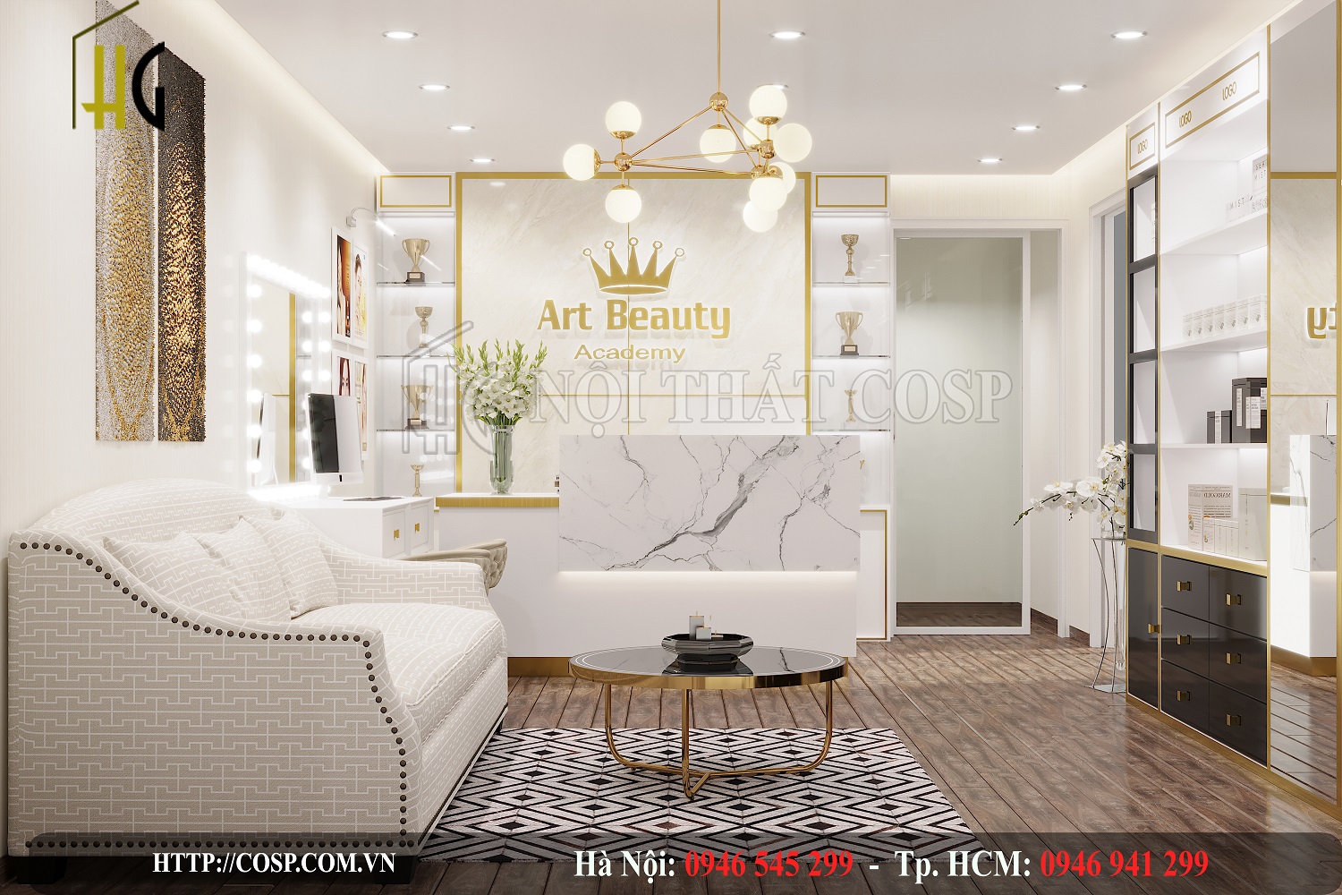 Bố trí nội thất phòng khách cho shop mỹ phẩm Art Beauty