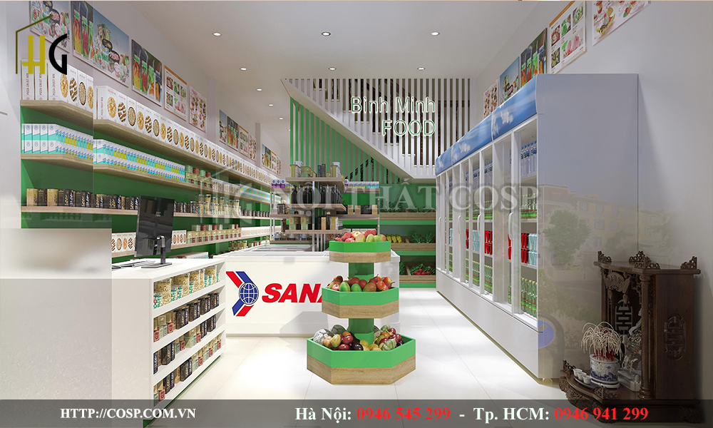 thiết kế nội thất cửa hàng thực phẩm sạch Bình Minh Food