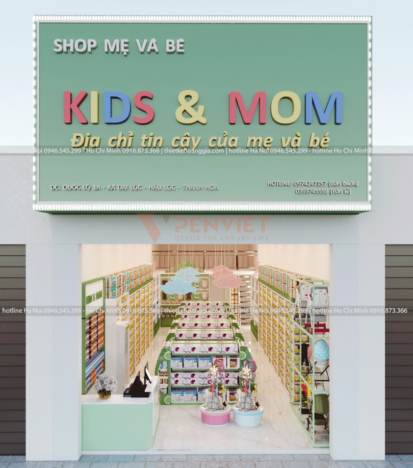Thiết kế mặt tiền shop mẹ và bé Kids & mom