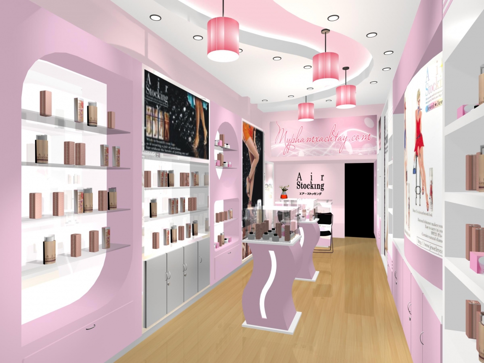 Thiết kế showroom mỹ phẩm với tone màu hồng sang trọng, hiện đại