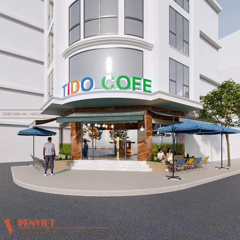 Mặt tiền quán cafe bố trí khá đơn giản, nổi bật với logo TIDO COFE