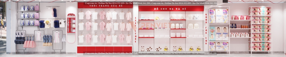 Hệ tủ trưng bày các sản phẩm quần áo thời trang bên trái của shop HTG Mart