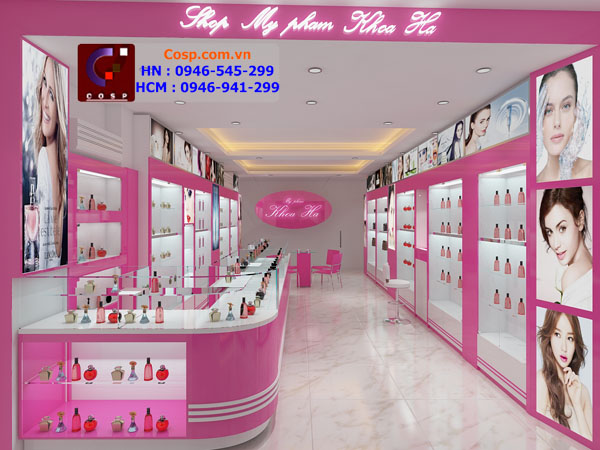 mẫu thiết kế cửa hàng mỹ phẩm tone hồng nhẹ nhàng 1