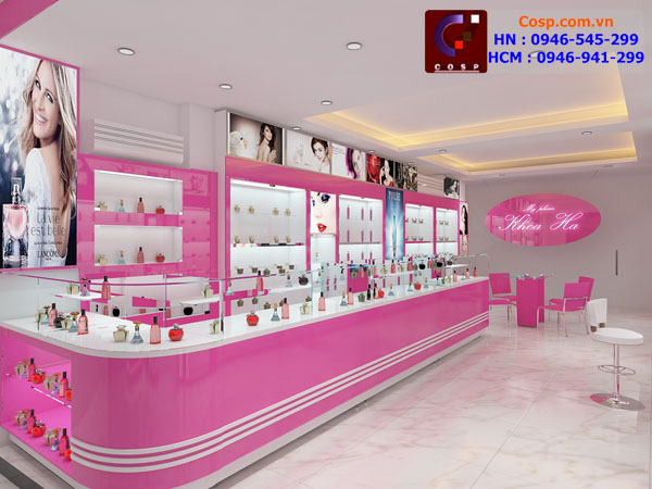 mẫu thiết kế cửa hàng mỹ phẩm tone hồng nhẹ nhàng 2