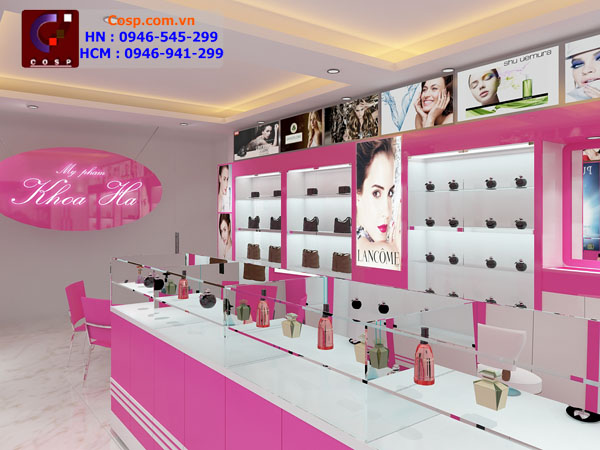 mẫu thiết kế cửa hàng mỹ phẩm tone hồng nhẹ nhàng 3