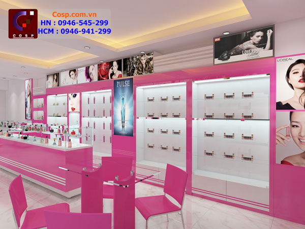 mẫu thiết kế cửa hàng mỹ phẩm tone hồng nhẹ nhàng 4