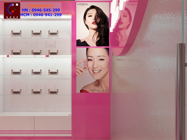 mẫu thiết kế cửa hàng mỹ phẩm tone hồng nhẹ nhàng 6