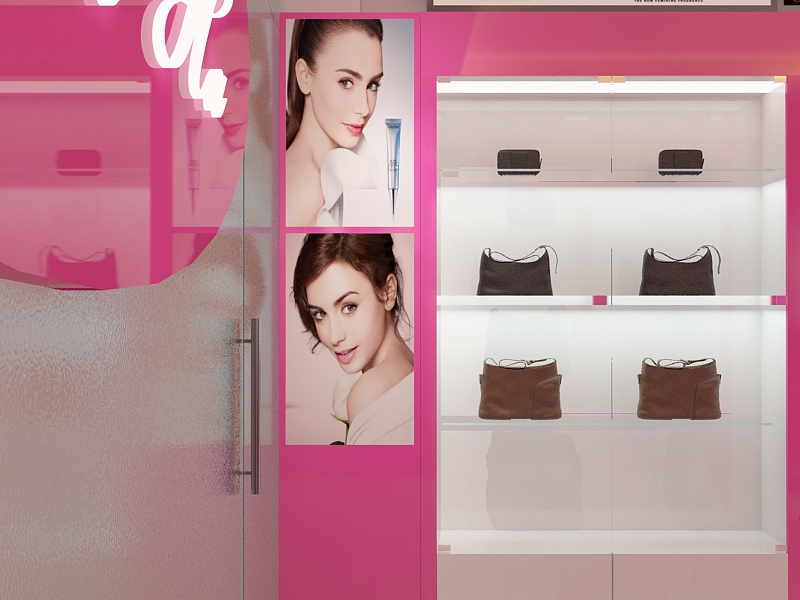 mẫu thiết kế cửa hàng mỹ phẩm tone hồng nhẹ nhàng 7