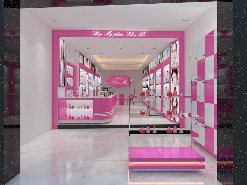 mẫu thiết kế cửa hàng mỹ phẩm tone hồng nhẹ nhàng 8