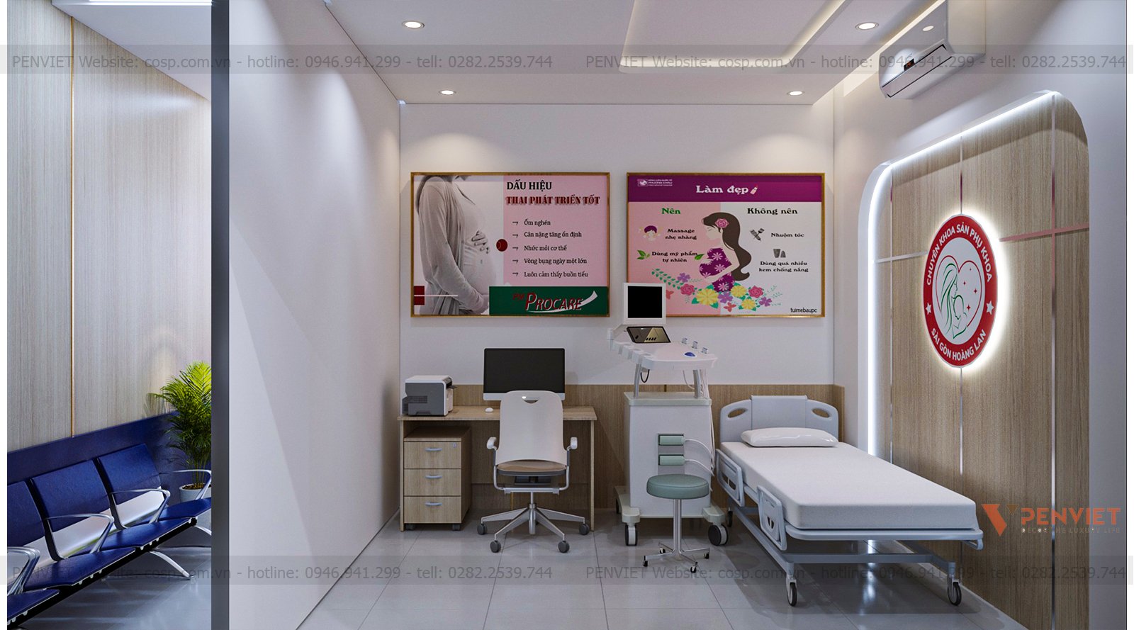 Décor trang trí phòng siêu âm sử dụng tranh về chủ đề y khoa vừa tạo sự sinh động động cho mẫu thiết kế phòng khám sản phụ khoa vừa có thể cung cấp kiến thức cho người bệnh.