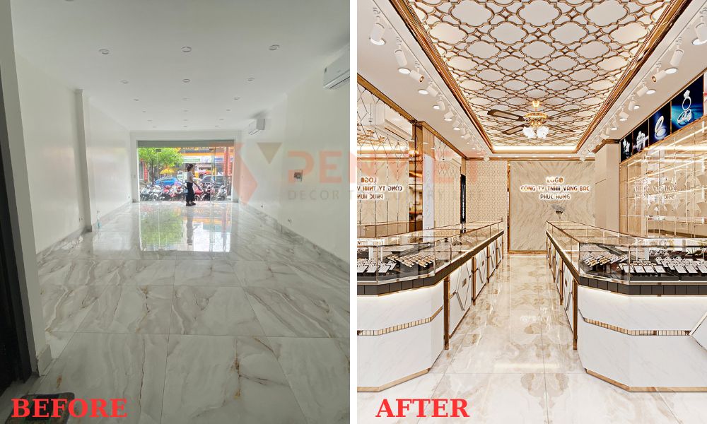 trước và sau khi thiết kế nội thất tiệm vàng Phúc Hưng